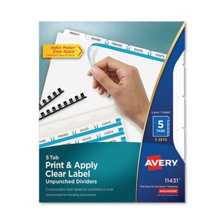 Avery Dennison Avery, PRINT AND APPLY INDEX MAKER CLEAR LABEL UNPUNCHED DIVIDERS, 5TAB, LETTER, 5 SETS 11431